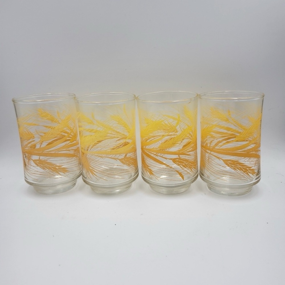 Vintage Libbey Wheat Juice Glasses, Orange & Yellow Wheat Pattern, Set of 4